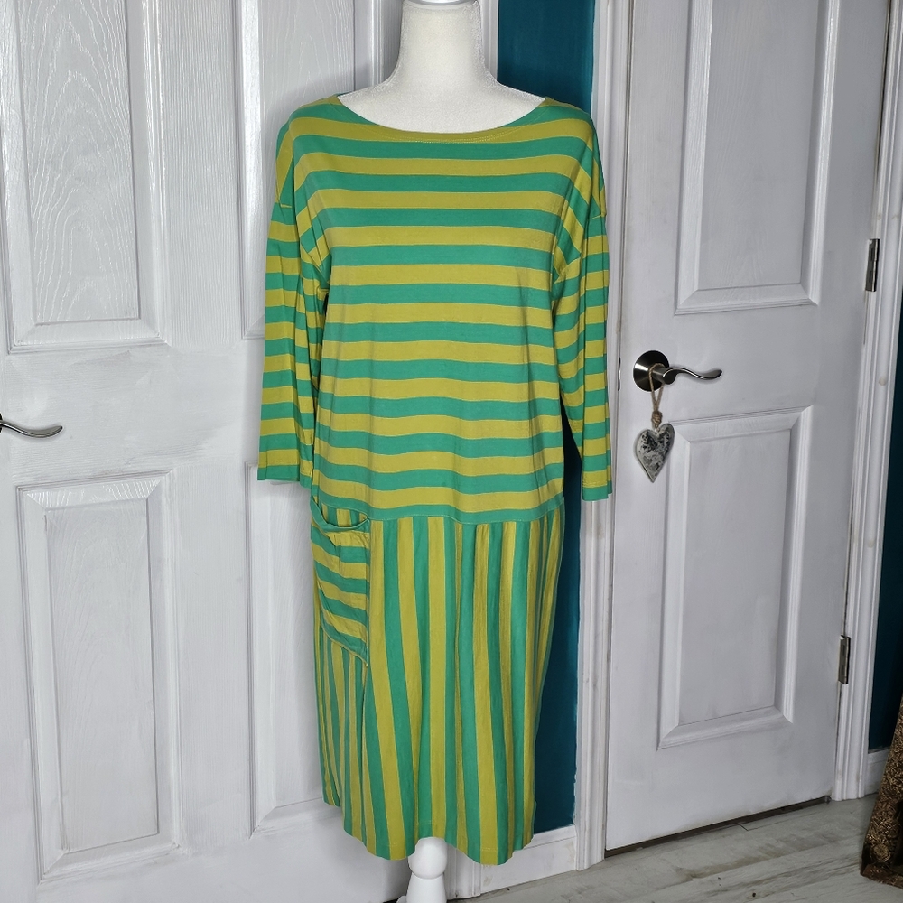 Gudrun Sjoden Striped Green and Gold Dress NWOT Small